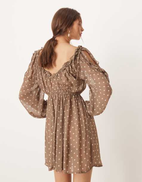 ASOS DESIGN ruffle v neck mini dress with tie front in brown spot - view 1
