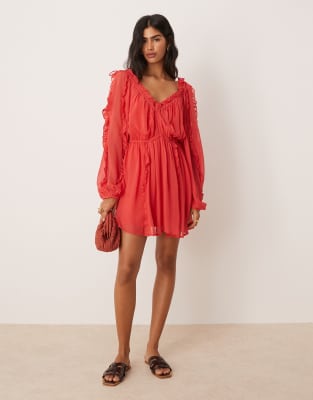 ASOS DESIGN ruffle v neck mini dress with tie front in red - view 1