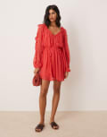 [ASOS DESIGN] ASOS DESIGN ruffle v neck mini dress with tie front in red 18 RED