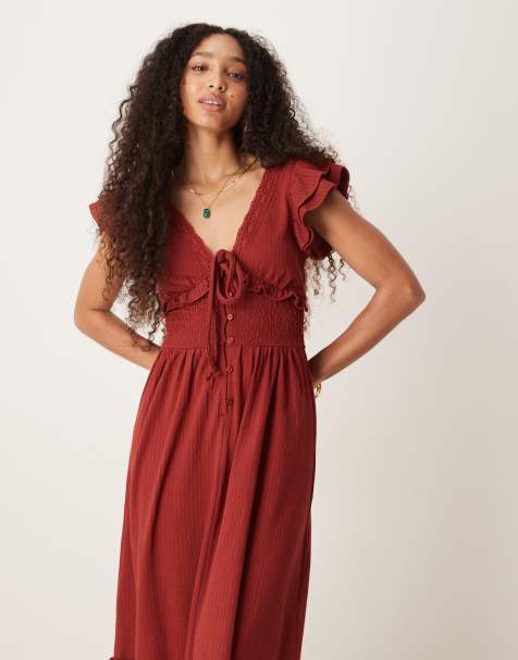 ASOS DESIGN ruffle V neck seersucker midi dress in rust - view 1