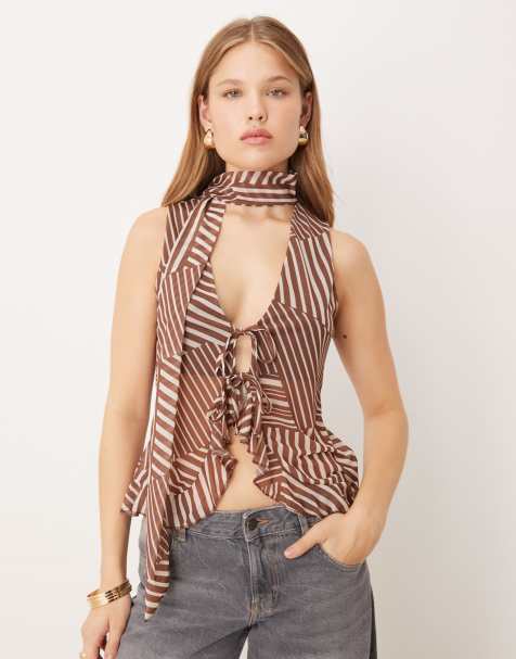ASOS DESIGN ruffle vest with scarf in chocolate stripe - view 1