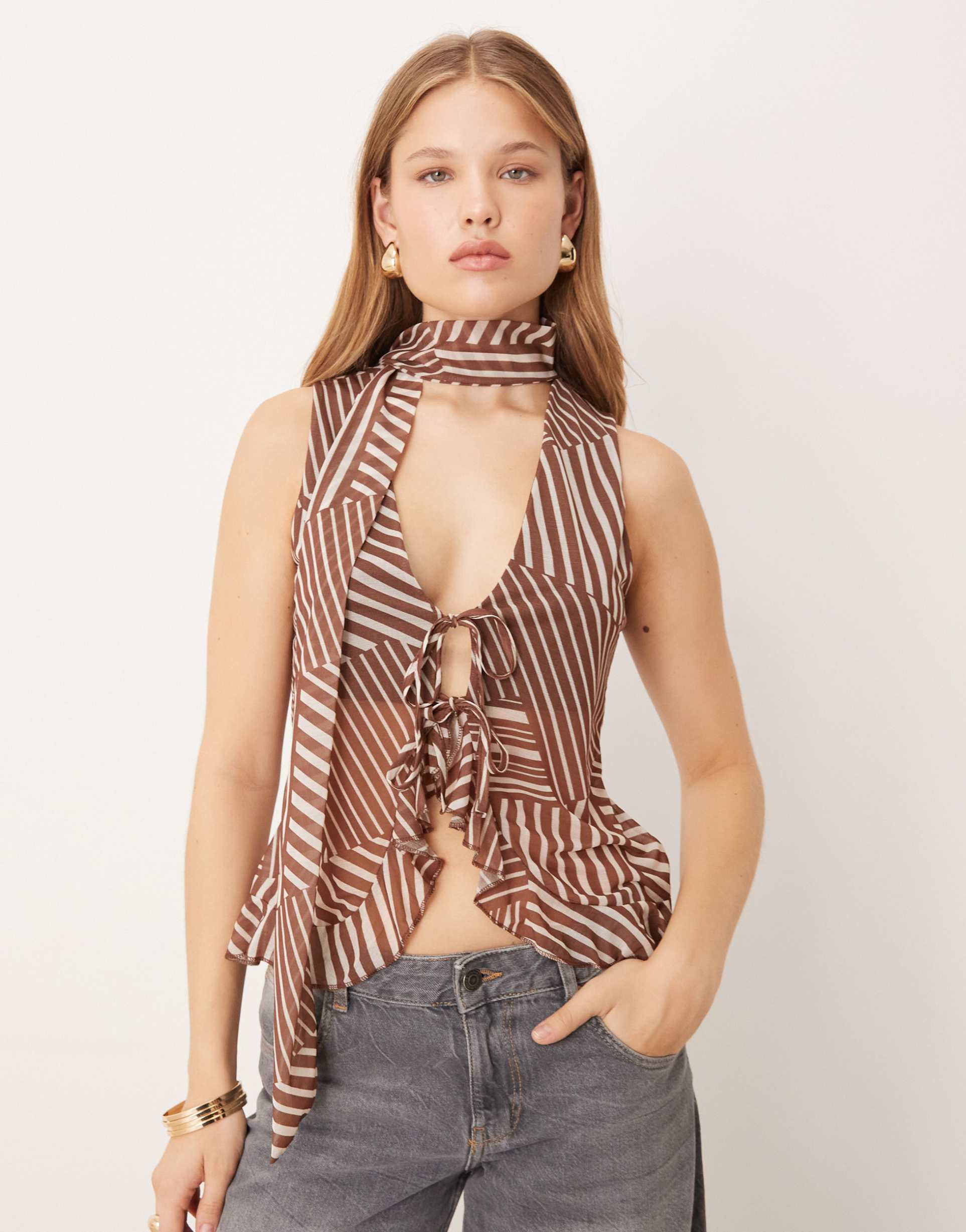 asos design ruffle vest with scarf in chocolate stripe