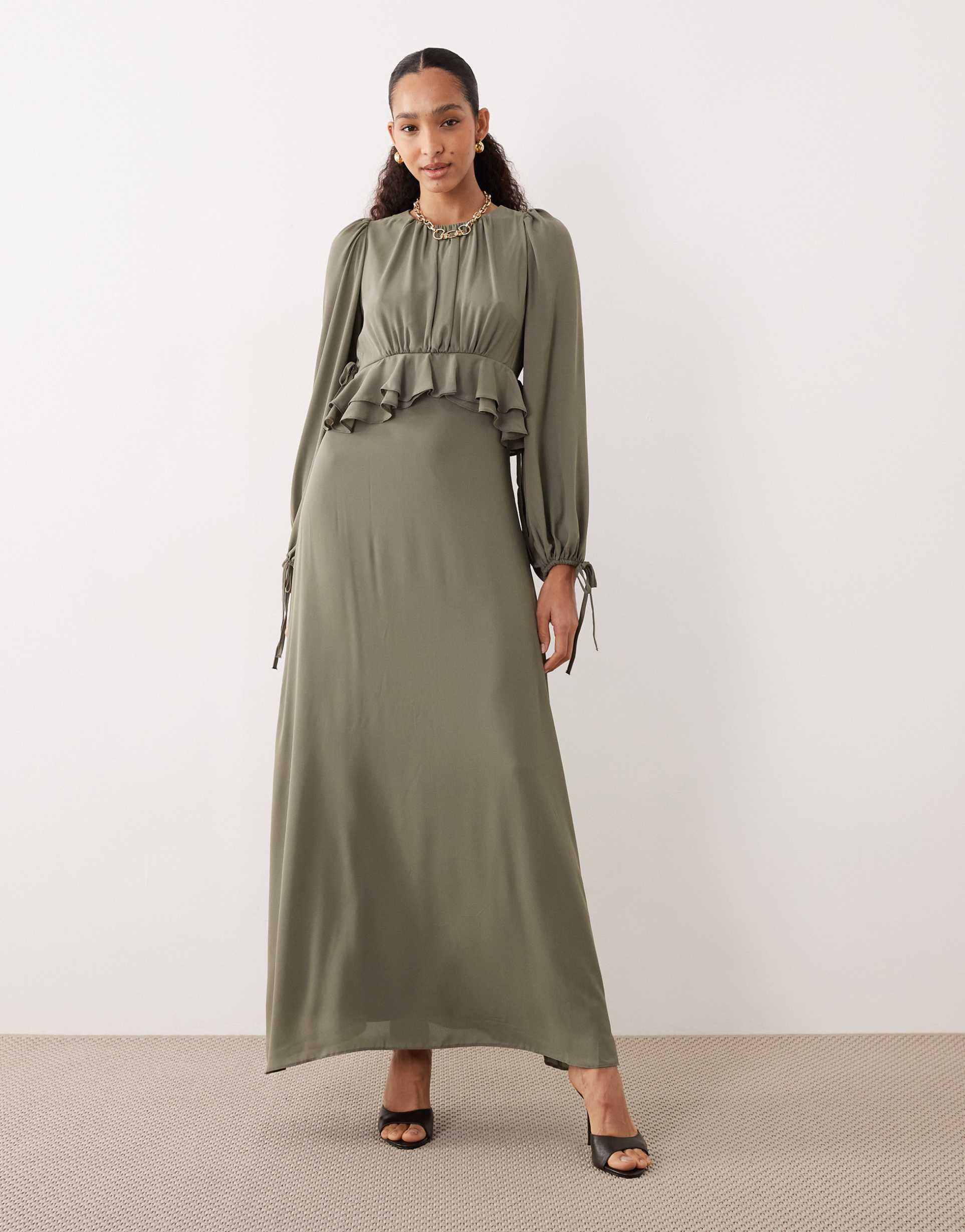 asos design ruffle waist maxi dress in khaki green