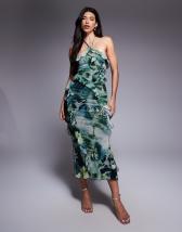 Topshop godet hem occasion midi dress in pink and green floral print