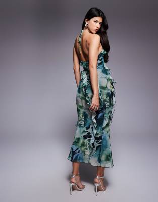 Asos Design Ruffle Waterfall Halter Mesh Midi Dress In Animal Print