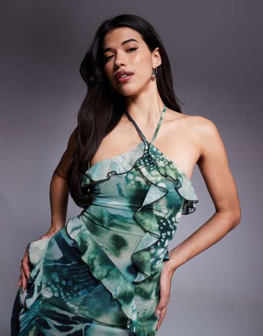 ASOS DESIGN ruffle waterfall halter mesh midi dress in print | ASOS
