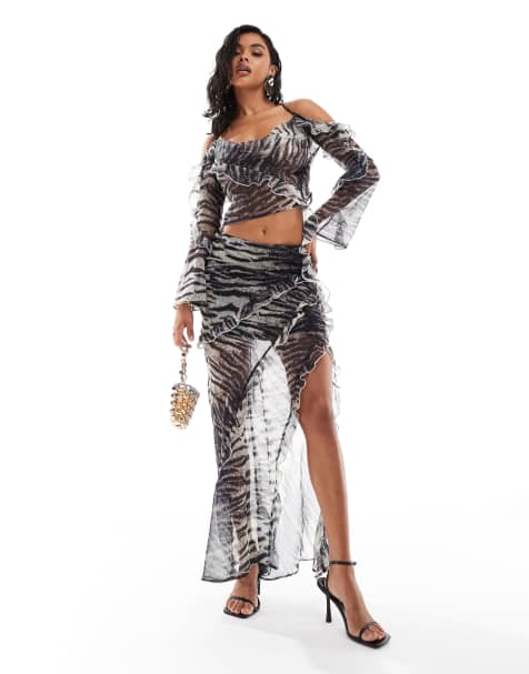 ASOS DESIGN ruffle waterfall maxi skirt & ruffle cami top co-ord in animal print - view 1