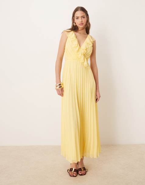 ASOS DESIGN ruffle wrap detail pleated midi dress in lemon yellow - view 1