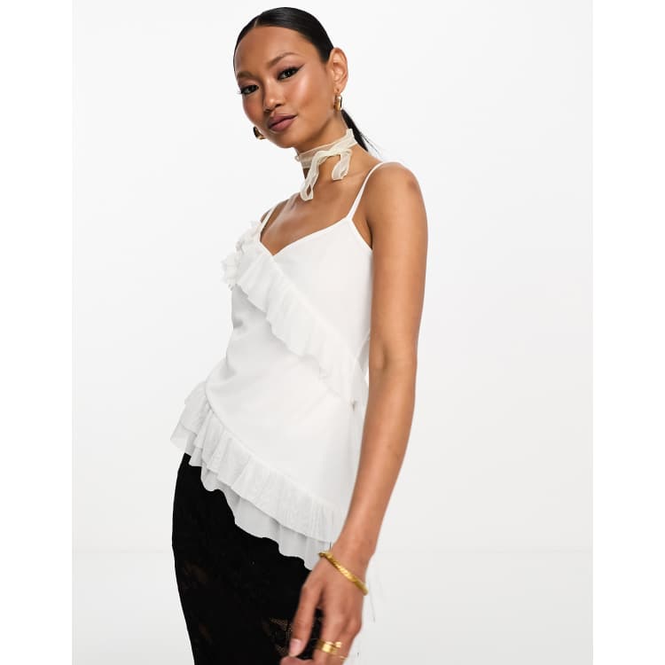 ASOS DESIGN ruffled cami top with corsage ivory | ASOS