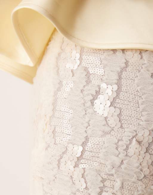 ASOS DESIGN ruffled semi sheer sequin mesh mini skirt in ivory, 4 of 5