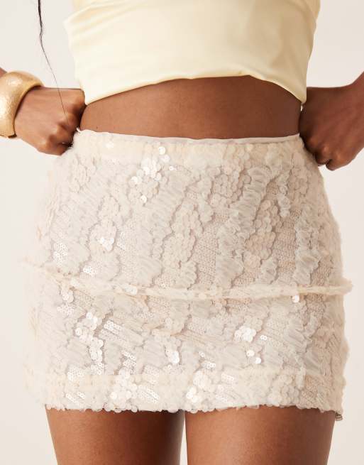 ASOS DESIGN ruffled sequin mesh mini skirt in ivory