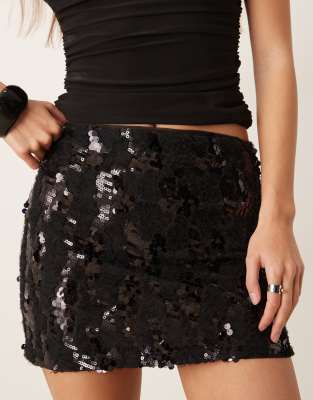 ASOS DESIGN ruffled sequin mesh semi sheer mini skirt in black