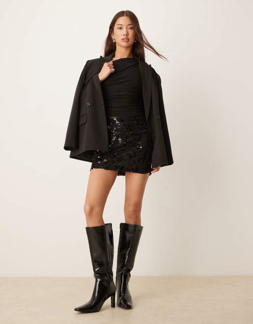 ASOS DESIGN ruffled sequin mesh semi sheer mini skirt in black, 3 of 5