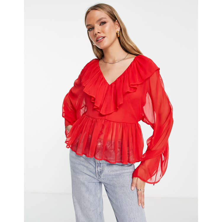 ASOS DESIGN ruffle chiffon blouse with ties in red