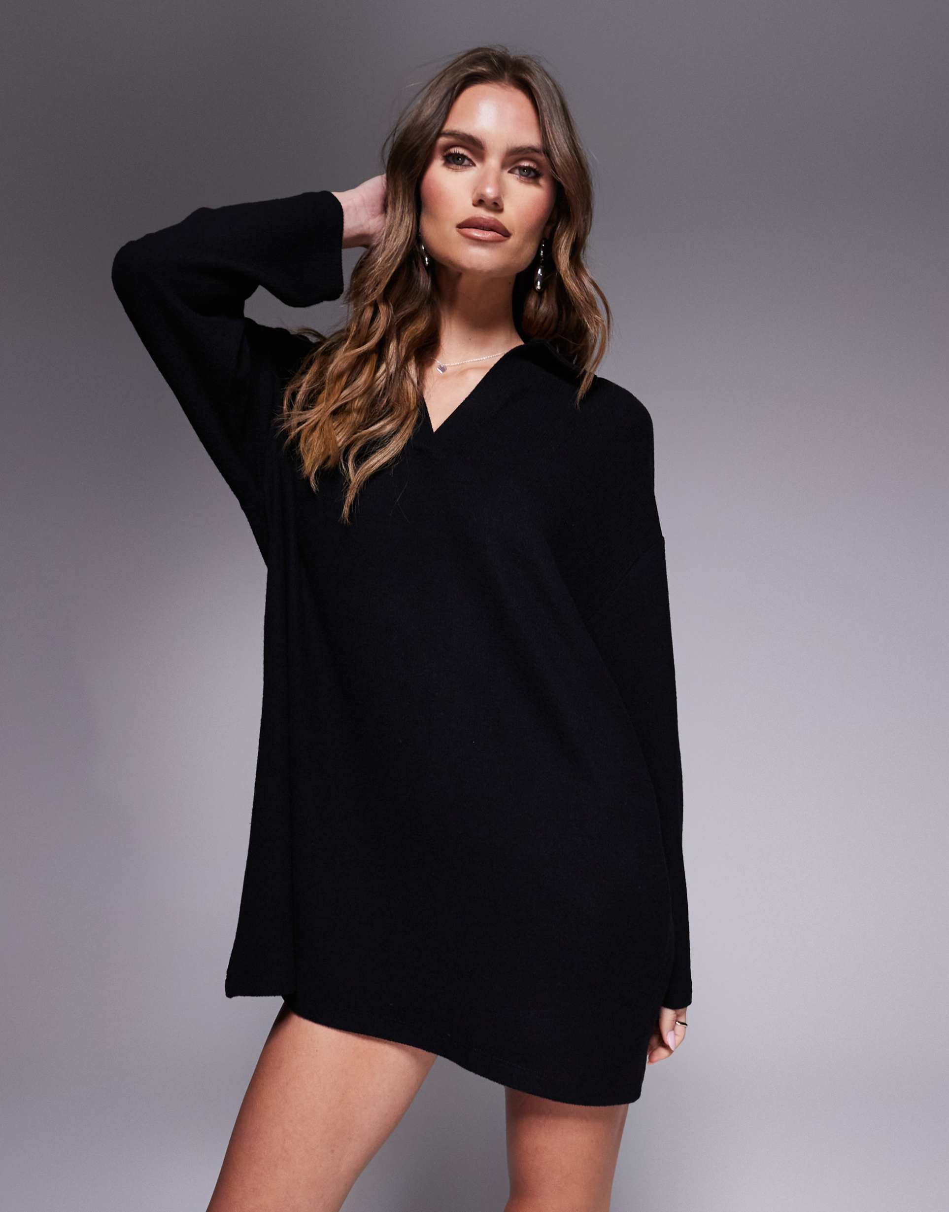 asos design rugby collar oversized super soft mini dress in black