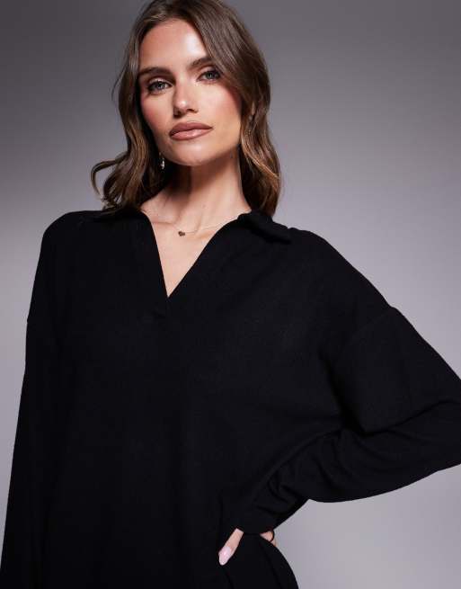 ASOS DESIGN rugby collar oversized super soft mini dress in black, 4 of 4