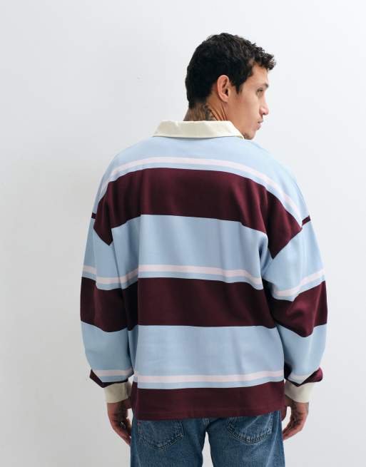ASOS DESIGN rugby extragrande con media cremallera, tapeta solapada y raya estampada en azul y burdeos, 4 de 5
