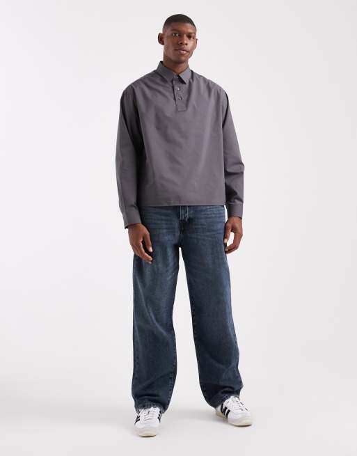 ASOS DESIGN – Rugby-Hemd aus Popeline in verwaschenem Marineblau mit Oversize-Passform, 2 von 5