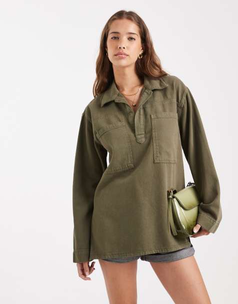 ASOS DESIGN – Rugby-Oberteil aus Denim in Khaki - view 1