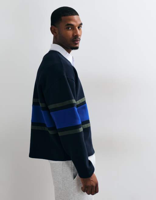 ASOS DESIGN rugby oversize avec empiècement contrastant et col en bleu marine, 4 de 9