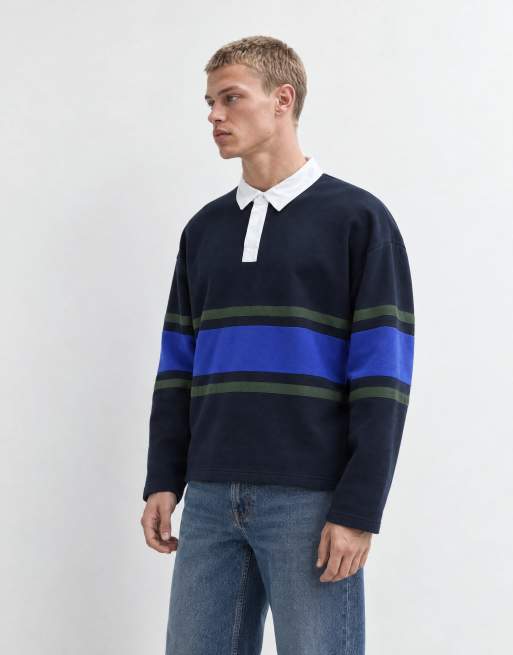ASOS DESIGN rugby oversize con pannello e colletto a contrasto in blu navy, 6 di 9
