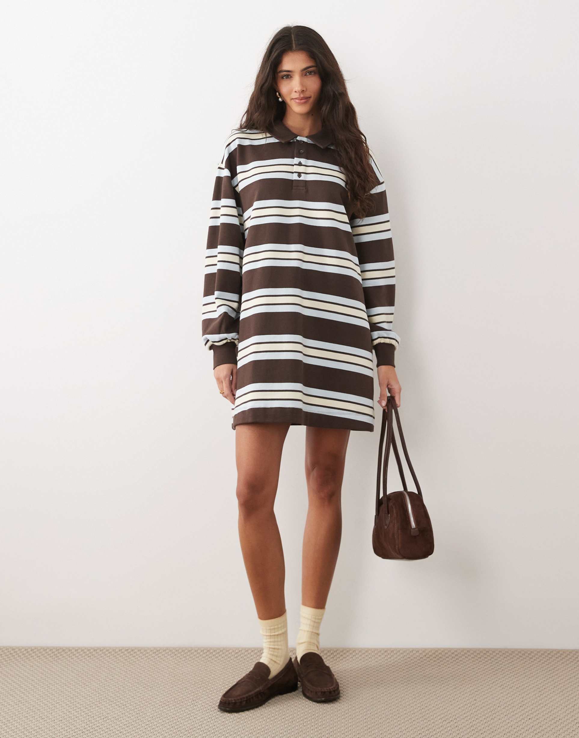 asos design rugby polo mini dress in brown stripes