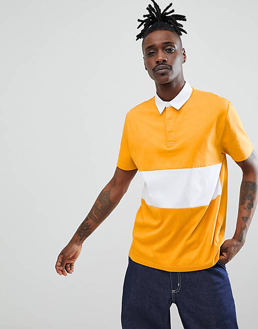 ASOS DESIGN rugby polo shirt with contrast panel in yellow | ASOS