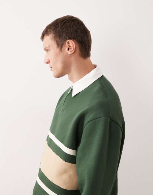 ASOS DESIGN – Rugby-Polo-Sweatshirt in Grün im Relaxed Fit mit Cut-and-Sew-Design, 4 von 5