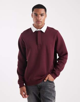 Asos Design Rugby Polo Sweatshirt With Contrast Collar In Red