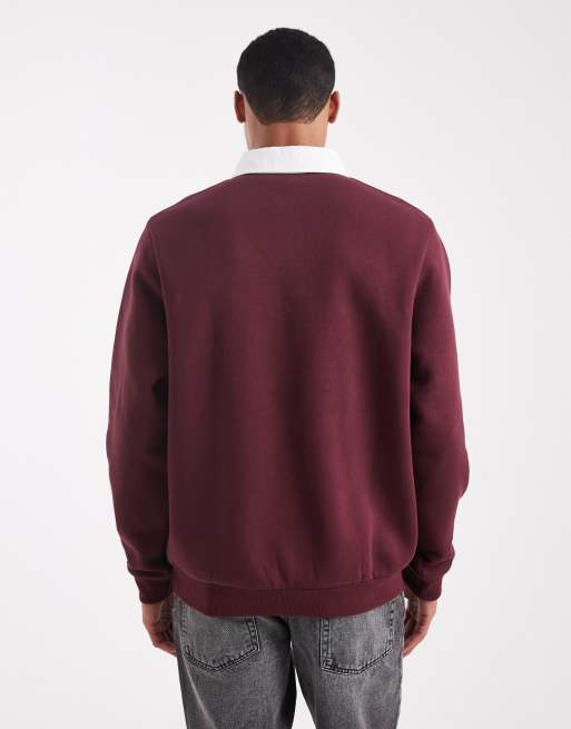 ASOS DESIGN rugby polo sweatshirt with contrast collar in burgundy, 3 of 5