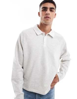 Asos Design Rugby Polo Sweatshirt With Raglan Sleeves In Ice Heather-white