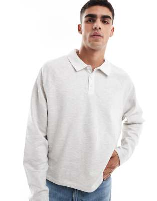 rugby polo sweatshirt with raglan sleeves in ice heather-White