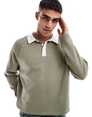 rugby polo sweatshirt with raglan sleeves in khaki-Green