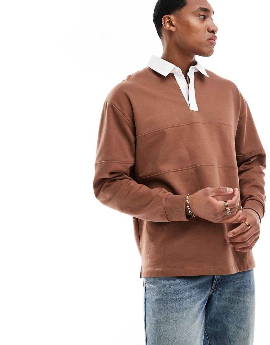 ASOS DESIGN rugby polo sweatshirt with tonal panels in brown
