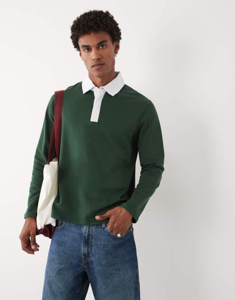 ASOS DESIGN rugby polo with contrast collar in dark green - view 1