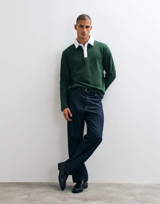 ASOS DESIGN rugby polo with contrast collar in dark green, 2 of 5