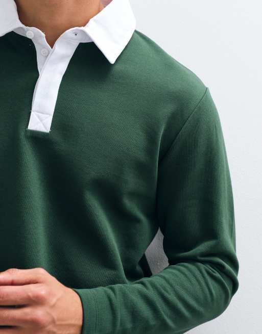 ASOS DESIGN rugby polo with contrast collar in dark green, 3 of 5