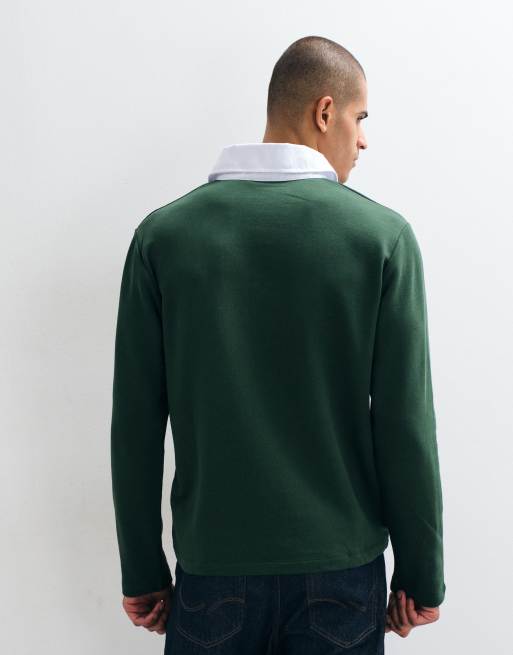 ASOS DESIGN rugby polo with contrast collar in dark green, 4 of 5