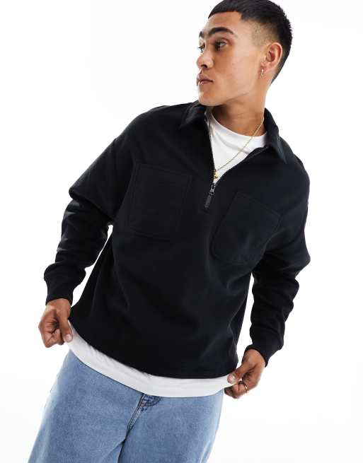 ASOS DESIGN – Rugby-Polohemd aus schwarzem Fleece mit Oversize-Schnitt