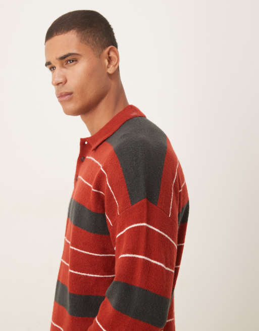 ASOS DESIGN – Rugby-Polohemd aus Strickstoff in Rot mit Oversize-Schnitt und Streifen, 4 von 5