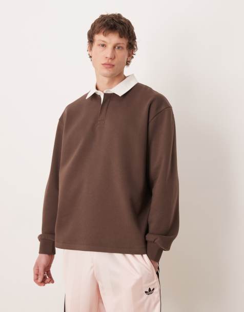 ASOS DESIGN – Rugby-Polohemd in Braun mit Oversize-Schnitt und farblich abgesetztem Kragen - view 1