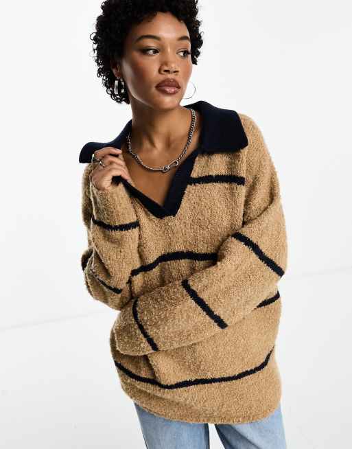 ASOS DESIGN rugby sweater in camel and navy stripe ASOS