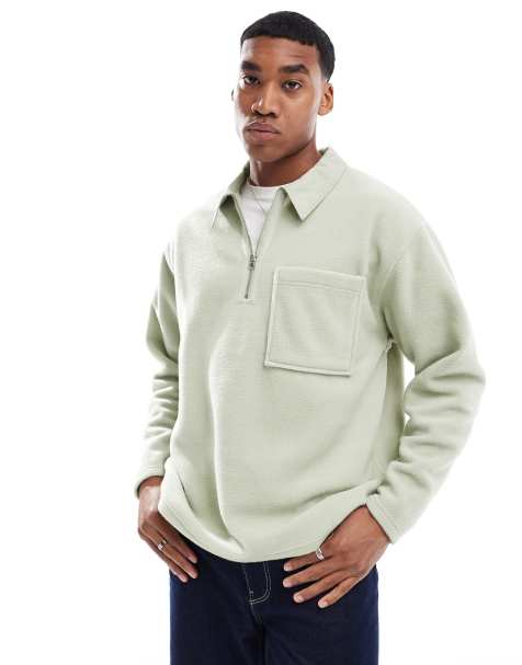 ASOS DESIGN – Rugby-Sweatshirt im Relaxed-Fit in Pastellgrün aus Fleece mit Polokragen - view 1