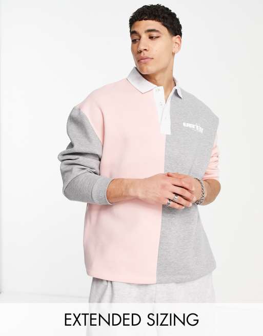 ASOS DESIGN – Rugby-Sweatshirt in Kalkgrau und Rosa mit Oversize-Schnitt