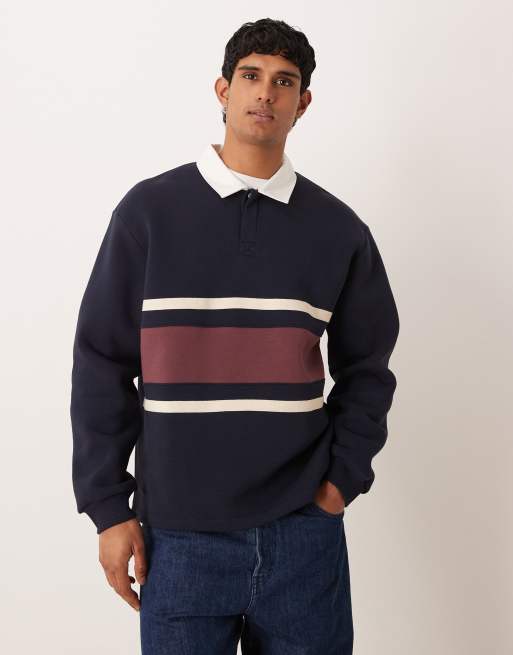 ASOS DESIGN - Rugby sweatshirt met contrasterend polokraagje en streep in marineblauw