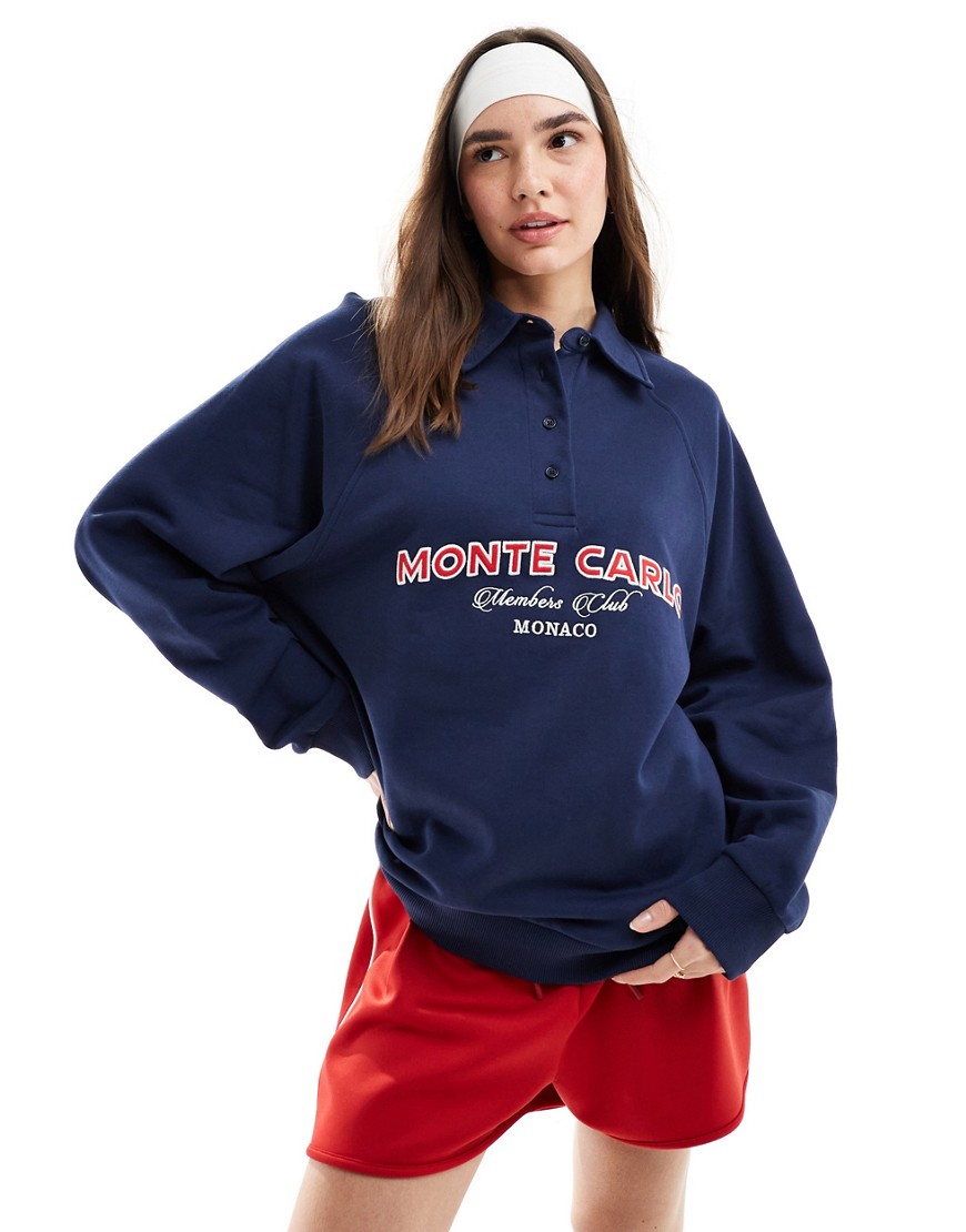 ASOS DESIGN rugby sweatshirt with monte carlo graphic in navy