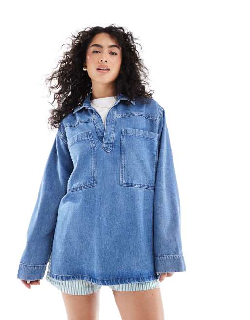 ASOS DESIGN - Rugby-top i denim i lyseblå vask