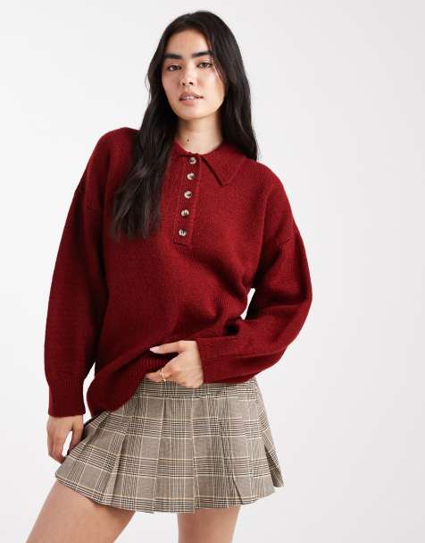 ASOS DESIGN – Rugbyshirt aus kompaktem Strick in Burgunderrot - view 1