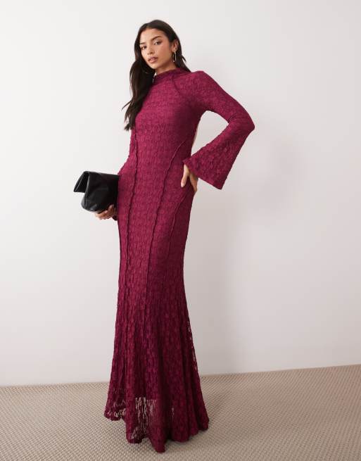 ASOS DESIGN rugloze hoogsluitende maxi-jurk van kant met zichtbare naaddetails in framboos, 2 van 4