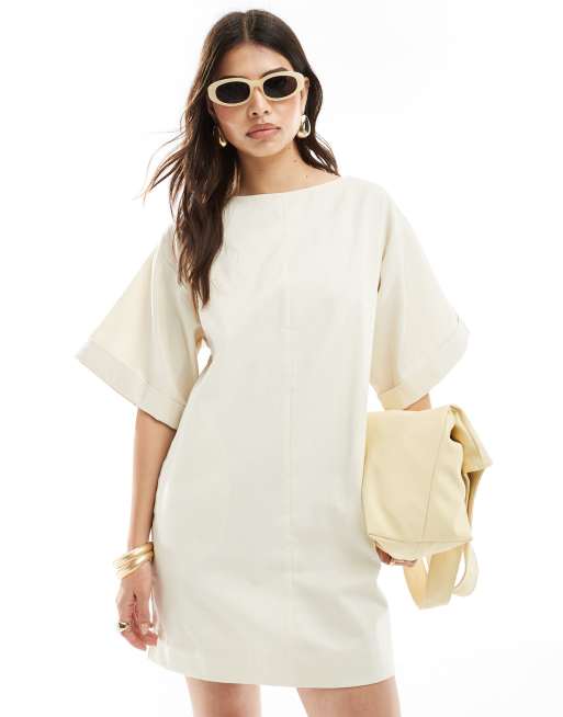ASOS DESIGN - Ruime T-shirt mini jurk van keperstof in crème